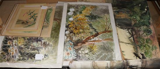 Sarna, a pair of garden scenes & various other modern Indian & Chinese watercolours